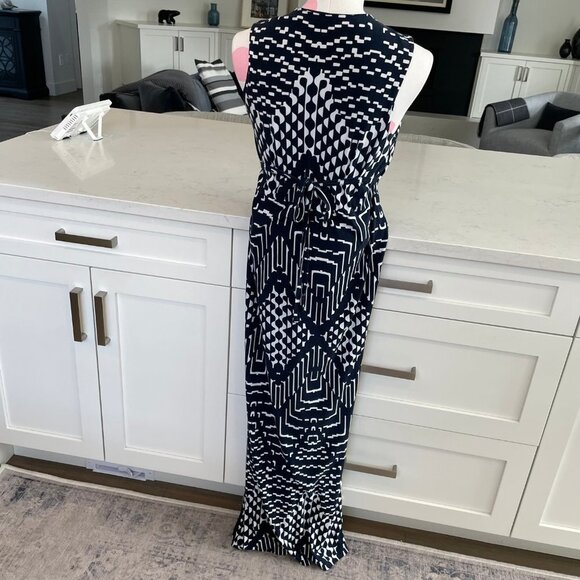 Mario Serrani Italy Slvless V Nk Faux Wrap Geo Print Maxi Dress Navy Sz M - Picture 6 of 10